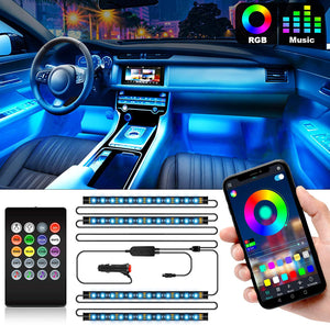 Interior Car Lights, Car LED Strip Lights 2-in-1 Design 4pcs 48 LED Remote and APP Controller Lighting Kits, Waterproof Multi DIY Color Music Car Lighting with Car Charger and DC 12V